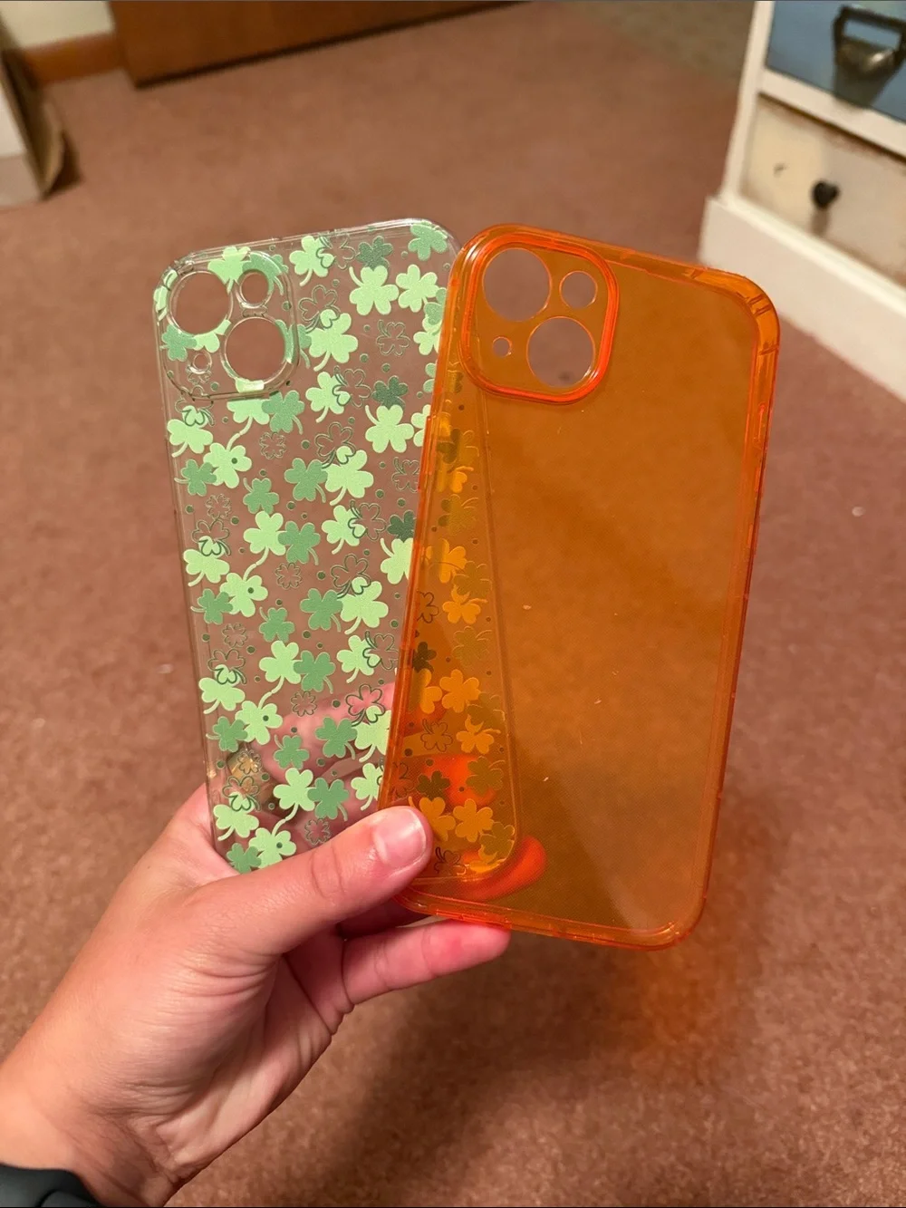 Clear Clover Pattern & Transparent Orange Phone Case Set